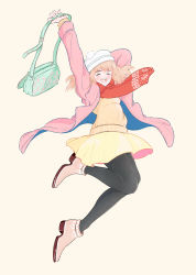 Rule 34 | 1girl, absurdres, bag, black pantyhose, blush, boots, coat, closed eyes, full body, hat, highres, jumping, kawatsu yuuki, light brown hair, medium hair, open clothes, open coat, open mouth, original, pantyhose, pink coat, scarf, shoulder bag, simple background, skirt, smile, solo, sweater, tights day, white background