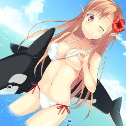 Rule 34 | 10s, 1girl, asuna (sao), bad id, bad pixiv id, bikini, bikini pull, bikini top lift, blush, brown hair, clenched teeth, clothes lift, clothes pull, cloud, dutch angle, flower, hair ornament, halterneck, hibiscus, highres, inflatable orca, inflatable toy, inflatable whale, ise (velvet088), lifting own clothes, navel, ocean, one eye closed, outdoors, partially submerged, pointy ears, side-tie bikini bottom, skindentation, sky, solo, swimsuit, sword art online, teeth, wading, water, white bikini, wince, wink