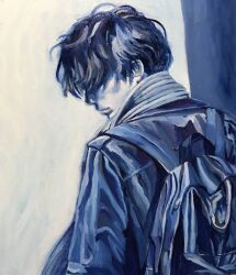 Rule 34 | 1boy, backpack, bag, black hair, blue theme, closed mouth, from behind, hair over eyes, highres, jacket, male focus, oil painting (medium), original, painting (medium), s gurico, short hair, solo, traditional media, upper body