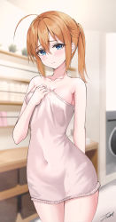 Rule 34 | 1girl, ahoge, arm behind back, blue eyes, blurry, blurry background, blush, breasts, cleavage, closed mouth, collarbone, commentary, covered navel, cowboy shot, hand up, highres, indoors, konoe subaru, looking at viewer, mayo chiki!, medium breasts, michelan, orange hair, raised eyebrows, signature, solo, standing, thighs, wet
