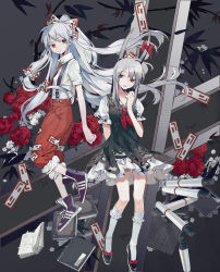 Rule 34 | 2girls, black footwear, book, bow, branch, breasts, brooch, collared shirt, cross-laced footwear, dress, ex-keine, floating hair, flower, frilled dress, frills, fujiwara no mokou, full body, grey background, hair bow, highres, horn bow, horns, jewelry, kamishirasawa keine, kneehighs, long hair, looking at another, looking to the side, medium breasts, multiple girls, necktie, ofuda, open mouth, overalls, pants, pants rolled up, ponytail, red eyes, red neckwear, renzaoshen, rose, scroll, shirt, shoes, short dress, short sleeves, silver hair, small breasts, sneakers, socks, straight hair, thighs, touhou, white legwear, white shirt