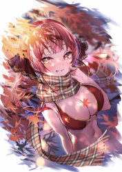 Rule 34 | 1girl, :d, absurdres, arm at side, autumn, autumn leaves, bare arms, bare shoulders, bikini, bikini top only, black ribbon, blush, bottomless, breasts, brown scarf, cleavage, convenient censoring, day, from above, hair ribbon, heart, heterochromia, highres, hololive, houshou marine, houshou marine (summer), large breasts, leaf, long hair, looking at viewer, looking up, maple leaf, misekiss, navel, open mouth, outdoors, parted lips, plaid, plaid scarf, red bikini, red eyes, red hair, ribbon, scarf, smile, solo, stomach, sunlight, swimsuit, twintails, virtual youtuber, yellow eyes