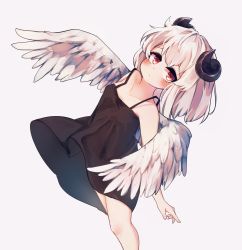 Rule 34 | 1girl, absurdres, angel wings, black dress, blush, commentary request, dress, expressionless, feathered wings, highres, horns, kosobin, leaning back, original, red eyes, short dress, short hair, simple background, solo, white background, white hair, wing censor, wings
