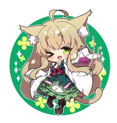 Rule 34 | &gt; o, 1girl, ;d, absurdres, ahoge, animal ear fluff, animal ears, boots, breasts, brown footwear, brown hair, cat ears, cat girl, cat tail, chibi, commentary request, commission, dress, erlenmeyer flask, flask, floral background, full body, green background, green dress, green eyes, highres, lab coat, long hair, long sleeves, medium breasts, milkpanda, motion lines, one eye closed, open clothes, open mouth, original, short eyebrows, skeb commission, sleeves past fingers, sleeves past wrists, smile, solo, standing, standing on one leg, sweater, tail, thick eyebrows, turtleneck, turtleneck sweater, two-tone background, very long hair, white background, white sweater