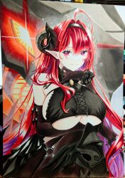 Rule 34 | 1girl, arms under breasts, azur lane, black gloves, black headband, black horns, breasts, center cross lace, center frills, clothing cutout, cowboy shot, curled horns, demon girl, elbow gloves, frilled gloves, frills, gloves, glowing, glowing eye, headband, highres, hindenburg (azur lane), horns, large breasts, light smile, long hair, looking at viewer, marker (medium), mimi (mini1474), non-humanoid robot, photo (medium), pink eyes, pointy ears, red hair, robot, robot dragon, solo, traditional media, underboob, underboob cutout, very long hair