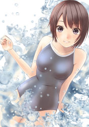 Rule 34 | 1girl, bad id, bad pixiv id, black eyes, brown hair, competition school swimsuit, gradient background, hamizu, one-piece swimsuit, original, school swimsuit, short hair, solo, swimsuit, water