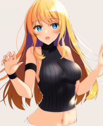 Rule 34 | 1girl, bare shoulders, blonde hair, blue eyes, blush, breasts, large breasts, long hair, looking at viewer, midriff, navel, open mouth, original, raised eyebrows, sideboob, solo, stomach, toyomi 13, turtleneck, upper body, white background