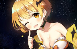 Rule 34 | 1girl, ayamy, bare shoulders, bat hair ornament, black choker, blush, breasts, choker, cleavage, detached sleeves, fang, finger to cheek, fingernails, glint, hair ornament, hand up, hololive, index finger raised, large breasts, looking at viewer, off shoulder, one eye closed, orange eyes, orange hair, revealing clothes, see-through, see-through sleeves, short hair, smile, solo, star (symbol), starry background, upper body, virtual youtuber, yozora mel, yozora mel (1st costume)