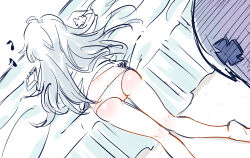Rule 34 | 2girls, all fours, ass, bare legs, barefoot, bed, butt crack, chinese commentary, commentary request, cross, cross hair ornament, dutch angle, from behind, g11 (girls&#039; frontline), girls&#039; frontline, grey hair, hair ornament, highres, hk416 (girls&#039; frontline), iron cross, long hair, multiple girls, musical note, no pants, panties, su xiao jei, underwear