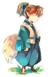 Rule 34 | 1boy, animal hands, blue bow, bow, brown eyes, expressionless, fox tail, full body, fur, grass, hair bow, high ponytail, inuyasha, japanese clothes, male focus, motobi (mtb umk), pointy ears, ponytail, shippou (inuyasha), solo, standing, tail, vest, white background