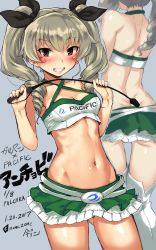 Rule 34 | 10s, 1girl, 2017, anchovy (girls und panzer), anchovy (girls und panzer), artist name, back, blush, breasts, cleavage, criss-cross halter, dated, drill hair, from behind, girls und panzer, gluteal fold, green hair, grin, hair ribbon, halterneck, halterneck, highres, imazon, long hair, looking at viewer, midriff, miniskirt, multiple views, navel, race queen, red eyes, ribbon, riding crop, signature, skirt, small breasts, smile, thighhighs, twin drills, twintails