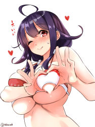 Rule 34 | 1girl, ahoge, bare arms, bare shoulders, bikini, black hair, blush, breasts, closed mouth, hair flaps, heart, heart-shaped boob challenge, highres, kantai collection, large breasts, long hair, low twintails, one eye closed, red eyes, ryuuhou (kancolle), simple background, solo, swimsuit, taigei (kancolle), takase muh, twintails, twitter username, upper body, white background