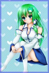 Rule 34 | 1girl, blue background, blue border, blue eyes, blush, border, breasts, cleavage, collarbone, detached sleeves, facing viewer, frog hair ornament, gengodou, green hair, hair ornament, heart, highres, impossible clothes, impossible shirt, knees together feet apart, kochiya sanae, large breasts, panties, pantyshot, patterned background, shirt, sitting, skirt, snake hair ornament, solo, tapisuke, thighhighs, touhou, underwear, upskirt, white panties, white thighhighs