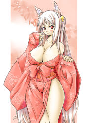 Rule 34 | animal ears, blush, breasts, cleavage, fox ears, huge breasts, inari, japanese clothes, kitsune, red eyes, ryoushun, smile, white hair