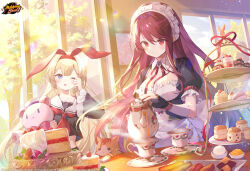 Rule 34 | 2girls, animal ears, apron, blonde hair, blue eyes, blush, breasts, cake, cat, company name, cookie, copyright notice, cropped shirt, cup, cupcake, detached collar, fake animal ears, fingerless gloves, food, frills, fruit, gloves, hair between eyes, highres, holding, holding stuffed toy, ibara riato, indoors, kujou riu, light particles, long hair, macaron, mahjong soul, maid, maid apron, maid headdress, medium breasts, mikami chiori, multiple girls, neck ribbon, neckerchief, official art, one eye closed, open mouth, plate, pouring, puffy short sleeves, puffy sleeves, red eyes, red hair, red neckerchief, red ribbon, ribbon, rubbing eyes, sailor collar, school uniform, serafuku, short sleeves, smile, strawberry, stuffed animal, stuffed toy, tea, teacup, teapot, teddy bear, underbust, very long hair, wing collar
