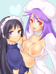 Rule 34 | 2girls, atwight eks, black hair, blue eyes, blush, breasts, choker, hat, marian, multiple girls, open mouth, purple hair, red eyes, smile, tales of (series), tales of destiny
