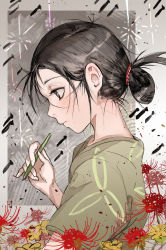 Rule 34 | 1girl, absurdres, black hair, brown kimono, commentary request, flower, grey eyes, hand up, highres, hiranko, holding, holding pen, japanese clothes, kimono, kono sekai no katasumi ni, looking away, looking down, pen, profile, red flower, short sleeves, solo, upper body, urano suzu, yellow flower