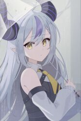 Rule 34 | 1girl, absurdres, ahoge, braid, braided bangs, chest harness, collared shirt, detached sleeves, film grain, from side, grey hair, harness, highres, holding, holding umbrella, hololive, horns, la+ darknesss, la+ darknesss (1st costume), long hair, long sleeves, looking back, looking to the side, multicolored hair, nail polish, necktie, parted lips, pointy ears, purple hair, shirt, sleeveless, sleeveless shirt, slit pupils, solo, transparent, transparent umbrella, tsumurimai, umbrella, upper body, very long hair, virtual youtuber, water drop, yellow eyes