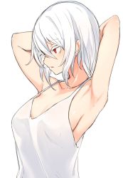 Rule 34 | 1girl, armpits, arms up, bare arms, bare shoulders, breasts, character request, collarbone, from side, highres, medium breasts, medium hair, no bra, original, otokuyou, parted lips, red eyes, shiny skin, simple background, solo, tank top, upper body, white background, white tank top
