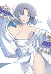 Rule 34 | 1girl, bare shoulders, blue eyes, bow, breasts, cleavage, collarbone, eyebrows hidden by hair, folding fan, grey hair, hair bow, hand fan, highres, holding, holding fan, japanese clothes, kimono, large breasts, looking at viewer, medium breasts, obi, off shoulder, parted bangs, ribbon-trimmed kimono, sash, senran kagura, solo, striped, striped bow, white bow, white kimono, yamichi (yamichi8369), yumi (senran kagura)