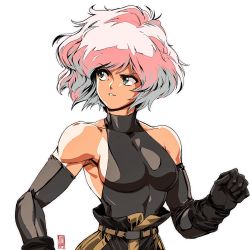 Rule 34 | 1990s (style), 1girl, bare shoulders, belt, big hair, black gloves, breasts, collarbone, commentary, david liu, detached sleeves, english commentary, gloves, green eyes, highres, looking to the side, medium breasts, narrow waist, no bra, pants, pi (space maria), pink hair, portrait, retro artstyle, short hair, skin tight, sleeveless, sleeveless turtleneck, solo, space maria, toned, turtleneck, white background