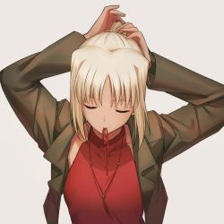 Rule 34 | 1girl, 428, absurdres, arms up, bad id, bad pixiv id, brown jacket, canaan (character), canaan (series), closed eyes, closed mouth, collarbone, grey background, hair between eyes, hair tie in mouth, highres, jacket, jewelry, long hair, mouth hold, necklace, okakasushi, open clothes, open jacket, ponytail, red ribbon, red shirt, ribbon, shirt, silver hair, simple background, sleeveless, sleeveless shirt, solo, tying hair, upper body