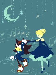 Rule 34 | 1girl, alternate hairstyle, blonde hair, dress, formal, furry, furry female, furry male, furry with non-furry, gloves, high heels, holding hands, interspecies, maria robotnik, moon, musical note, pantyhose, shadow the hedgehog, sonic (series), suit, tegaki, yankichi (yan3 03)