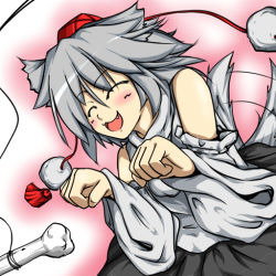 Rule 34 | 1girl, ^ ^, animal ears, bare shoulders, blush, bone, closed eyes, detached sleeves, closed eyes, fang, female focus, hat, inubashiri momiji, open mouth, ototobe, short hair, silver hair, skirt, smile, solo, tail, tail wagging, tokin hat, touhou, wolf ears, wolf tail