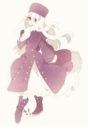 Rule 34 | 1girl, aged up, boots, coat, fate/stay night, fate/zero, fate (series), guilty, hat, illyasviel von einzbern, long hair, purple footwear, purple hat, red eyes, scarf, snow rabbit, solo, tsumi guilty, white hair, white scarf, winter clothes