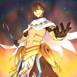 Rule 34 | 1boy, abs, armor, brown hair, cape, earrings, elbow gloves, fate/prototype, fate/prototype: fragments of blue and silver, fate (series), gloves, highres, jewelry, navel, open mouth, ozymandias (fate), pants, short hair, staff, weapon, yellow eyes