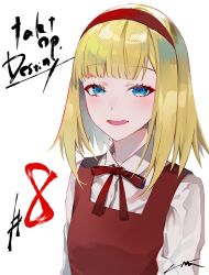 Rule 34 | 1girl, blonde hair, blue eyes, bob cut, bow, bowtie, collared shirt, copyright name, destiny (takt op.), dress, episode number, hairband, highres, lam (ramdayo), light blush, looking at viewer, medium hair, open mouth, red bow, red bowtie, red dress, red hairband, shirt, signature, simple background, smile, solo, takt op., upper body, white background, white shirt