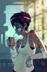 Rule 34 | 1girl, bandages, bandaid, black hair, blood, breasts, bruise, cleavage, cuts, drinking straw, hand wraps, highres, injury, juice box, lens flare, original, profile, railing, rtil, short hair, drinking, small breasts, solo, sweat, tank top, tomboy, wrist wrap