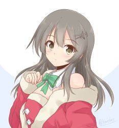 Rule 34 | 1girl, alternate costume, bare shoulders, black hair, bow, bowtie, commentary request, detached collar, fur-trimmed jacket, fur trim, green bow, green bowtie, green eyes, jacket, kantai collection, long hair, oyashio (kancolle), red jacket, shizuna kaede, solo, two-tone background, upper body