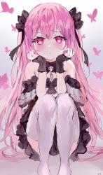 Rule 34 | 1girl, absurdres, blush, bug, butterfly, closed mouth, dot mouth, dress, feet out of frame, gothic lolita, hands up, highres, hololive, insect, lolita fashion, long hair, looking at viewer, mile (off8mile), pink butterfly, pink eyes, pink hair, solo, thighhighs, uruha rushia, uruha rushia (3rd costume), very long hair, virtual youtuber, white thighhighs