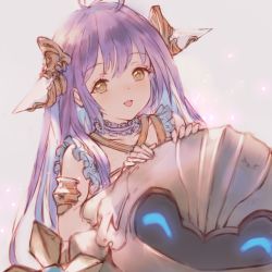 Rule 34 | 1girl, :d, aenea amethyst rebel, android, blue eyes, blush, brown eyes, collar, frilled collar, frills, hair between eyes, headgear, highres, long hair, looking at viewer, n.a., open mouth, purple hair, robot, shadowverse, smile, solo, very long hair