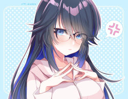 Rule 34 | 1girl, :t, anger vein, black hair, blue eyes, blue hair, blush, breasts, colored inner hair, frown, glasses, hood, hoodie, kson, kson (2nd costume), large breasts, long hair, looking at viewer, multicolored hair, n gyou, own hands together, solo, speech bubble, spoken anger vein, streaked hair, virtual youtuber, vshojo