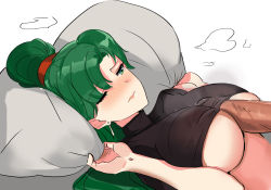 Rule 34 | 1girl, between breasts, black shirt, blush, breasts, censored, closed mouth, crop top, dark-skinned male, dark skin, earrings, fire emblem, fire emblem: the blazing blade, from side, frown, green eyes, green hair, hetero, highres, jewelry, large breasts, lips, long hair, lyn (fire emblem), mosaic censoring, nintendo, no bra, nose blush, ormille, paizuri, paizuri under clothes, penis, pillow, pillow grab, shirt, simple background, solo, solo focus, steaming body, underboob, upper body, waking up, white background