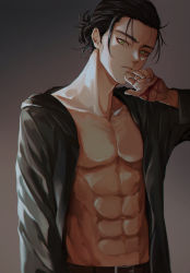 Rule 34 | 1boy, abs, absurdres, arm at side, bare pectorals, belt, black hair, black jacket, bleeding, blood, blood on hands, collarbone, commentary, deep wound, eren yeager, fingernails, gradient background, green eyes, grey background, hair bun, hair slicked back, hand up, head tilt, highres, hood, hooded jacket, injury, jacket, lips, long neck, long sleeves, looking at viewer, male focus, matsunaga777, open clothes, open jacket, parted lips, pectorals, shingeki no kyojin, short hair, short ponytail, simple background, single hair bun, solo, toned, toned male