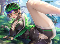 Rule 34 | 1girl, after vaginal, aftersex, bicycle, bicycle helmet, bike shorts, black gloves, black jacket, black shorts, blush, braid, braided ponytail, breasts, brown hair, cleavage, cum, cum in pussy, day, fingerless gloves, gloves, green eyes, green jacket, hair over shoulder, helmet, hetero, jacket, large breasts, long hair, long sleeves, looking at viewer, lying, multicolored clothes, multicolored jacket, on side, open mouth, original, outdoors, pussy, sage joh, short shorts, shorts, smile, solo, spread legs, sweat, thighs, torn clothes, torn shorts, two-tone jacket