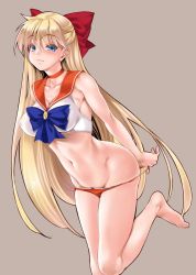 Rule 34 | 1990s (style), 1girl, :3, aino minako, barefoot, bishoujo senshi sailor moon, blonde hair, blue eyes, blush, bow, bra, breasts, choker, cle masahiro, cleavage, collarbone, covered erect nipples, feet, female focus, female pubic hair, grey background, hair between eyes, hair bow, highres, hip focus, jpeg artifacts, large breasts, leaning forward, leg lift, leg up, legs, long hair, looking at viewer, navel, orange panties, panties, panty pull, pubic hair, pulled by self, red bow, retro artstyle, sailor collar, sailor venus, simple background, sleeveless, smile, solo, standing, standing on one leg, stomach, thighs, tiara, underwear, underwear only, very long hair