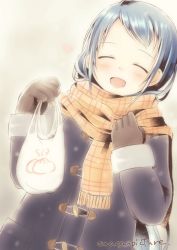 Rule 34 | 1girl, alternate costume, bag, black coat, blue hair, brown gloves, closed eyes, coat, commentary request, dutch angle, gloves, kantai collection, long hair, mae (maesanpicture), plaid, plaid scarf, plastic bag, samidare (kancolle), scarf, smile, solo, swept bangs, very long hair, winter clothes, yellow scarf