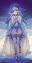 Rule 34 | 1girl, bad id, bad pixiv id, bare shoulders, blue eyes, blue flower, blue hair, blue rose, closed mouth, collarbone, commentary, commission, cross, dress, earrings, elbow gloves, english commentary, english text, flower, full body, garter straps, gloves, gradient hair, hairband, head tilt, highres, holding, jewelry, latin cross, looking at viewer, multicolored hair, off-shoulder dress, off shoulder, original, purple hair, ripples, rose, see-through, short dress, sidelocks, signature, sky, solo, star (sky), starry sky, tareme, thighhighs, twilight, walking, water, white dress, white gloves, white thighhighs, yampa, yellow footwear, yellow hairband