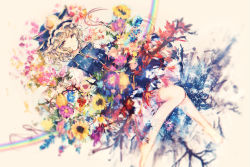 Rule 34 | 1girl, :&lt;, autumn leaves, bare legs, barefoot, blonde hair, blue flower, blue hat, blue vest, branch, cherry blossoms, closed mouth, commentary, flower, frilled hat, frills, hat, ice, looking at viewer, lying, on back, orange eyes, pink flower, rainbow, red ribbon, ribbon, seasons, shiki eiki, shirt, short hair, simple background, snow, sunflower, tonan (l0l0l0l0l0l), touhou, vest, white background, white shirt, yellow flower