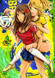 Rule 34 | 2014 fifa world cup, 2girls, australia, ball, blonde hair, brazil, breasts, brown eyes, brown hair, carrying, cherry in the sun, cleavage, crop top, earrings, green eyes, happy, highres, jewelry, large breasts, long hair, looking at viewer, midriff, multiple girls, open mouth, original, personification, piggyback, shoes, smile, sneakers, soccer, soccer ball, soccer uniform, spain, sportswear, world cup