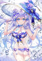 Rule 34 | 1girl, arm support, babydoll, bare shoulders, bikini, blue eyes, blue hair, bow, bow bikini, bow choker, breasts, bubble, choker, cleavage, collarbone, cone hair bun, cowboy shot, crystal, flower, flower bikini, frilled choker, frills, gem, gradient hair, hair bow, hair bun, hair flower, hair ornament, hat, hat flower, highres, jewelry, light blush, light smile, lingerie, long hair, looking at viewer, multicolored eyes, multicolored hair, navel, original, purple eyes, purple hair, ribbon, samo cha, smile, solo, swimsuit, twintails, underwear, water, water drop, waving, witch hat