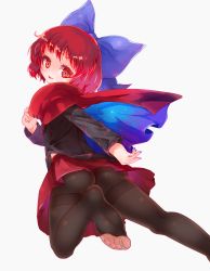Rule 34 | black pantyhose, blue bow, bow, cape, feet, hair bow, high collar, highres, long sleeves, nail polish, no panties, no shoes, pantyhose, red cape, red eyes, red hair, red skirt, sekibanki, skirt, soles, solo, toes, touhou, user hsed5747
