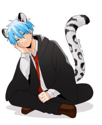 Rule 34 | 1boy, animal ears, black robe, brown footwear, cheek rest, collared shirt, expressionless, fang, genjitsu o miro, green hair, hair between eyes, highres, lance crown, leaning to the side, leopard ears, leopard tail, long sleeves, mashle, necktie, planet earrings, red necktie, robe, shirt, short hair, simple background, solo, tail, white background, white shirt, wide sleeves