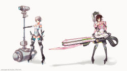 Rule 34 | 2girls, ammunition backpack, ammunition chute, bayonet, belt-fed, blue eyes, breasts, brown hair, cleavage, cleavage cutout, clothing cutout, dysfunctional systems, ear protection, elbow gloves, glasses, gloves, green eyes, gunblade, highres, huge weapon, leotard, mallet, mecha musume, medium breasts, multiple girls, neon trim, one side up, pigeon-toed, semi-rimless eyewear, short hair, silver hair, smile, softmode, thighhighs, under-rim eyewear, waverly ayre, weapon, white background, winter harrison