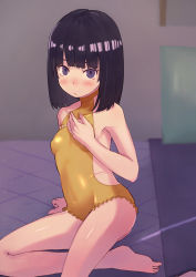 Rule 34 | 1girl, bare arms, bare legs, bare shoulders, black hair, blunt bangs, blush, breasts, closed mouth, collarbone, embarrassed, highres, himenogi rinze, leotard, looking at viewer, love r, medium hair, saisho no nakama, sitting, small breasts, solo