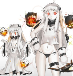Rule 34 | 10s, 2girls, abyssal ship, ahoge, aircraft, airplane, bad id, bad pixiv id, black panties, breasts, cleavage, colored skin, flat chest, groin, hand on own hip, height difference, horns, kakekcaboel, kantai collection, long hair, looking at viewer, machinery, midway princess, mittens, multiple girls, navel, northern ocean princess, aged up, oversized clothes, panties, red eyes, side-tie panties, small breasts, smile, underwear, white skin, aged down